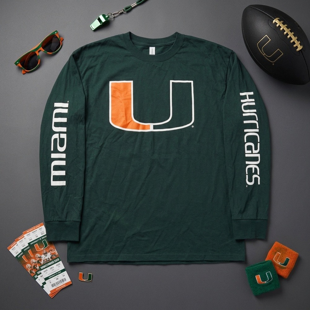 Fanatics Miami Hurricanes Long Sleeve T Shirt Mens 3XL Green Sleeve Logo NCAA